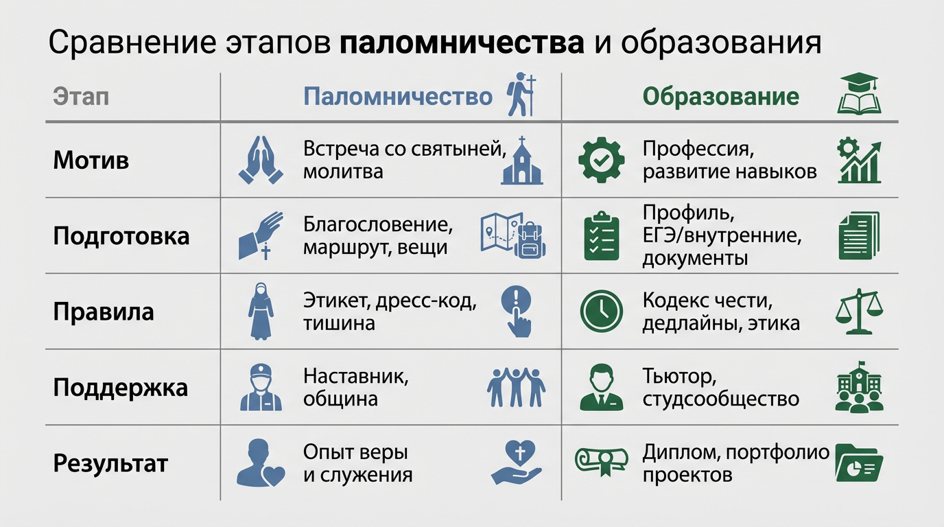 Сравнение этапов паломничества и образования